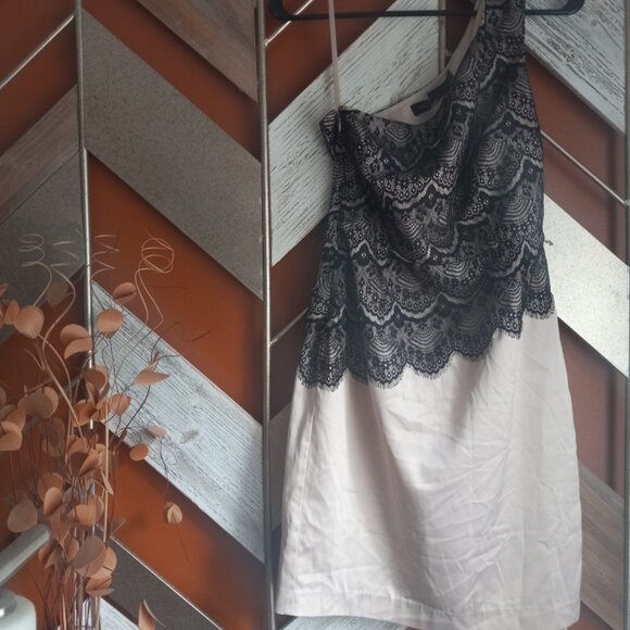 Express Grey Silver and Black Lace One Shoulder Dress - Picture 1 of 5